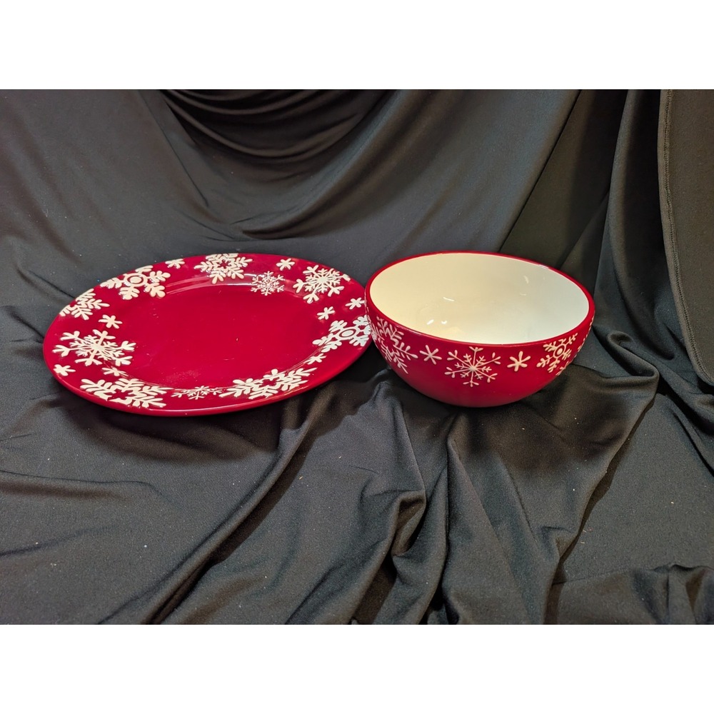 SET Royal Norfolk Dinner Plate (2)(/Bowls(2) Christmas-Red With Snowflakes - Picture 5 of 7